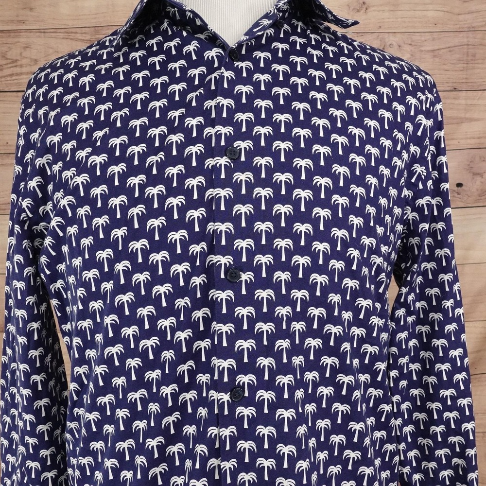 Express 1MX Shirt Mens L Blue Palm Tree Long Sleeve Button-Up Slim Fit Stretch